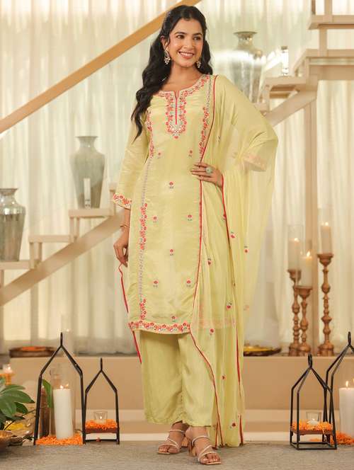 women solid with work three quarter sleeve kurta pant with dupatta set - 22072076 -  Standard Image - 0