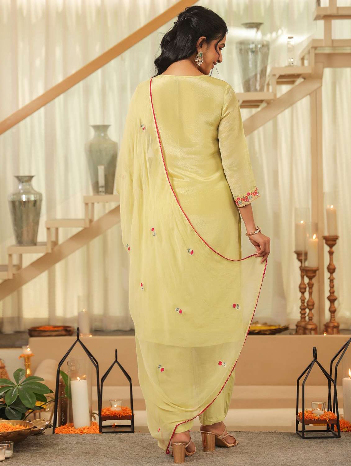 women solid with work three quarter sleeve kurta pant with dupatta set - 22072076 -  Standard Image - 3