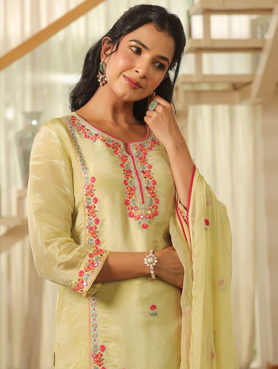 women solid with work three quarter sleeve kurta pant with dupatta set - 22072076 -  Standard Image - 5