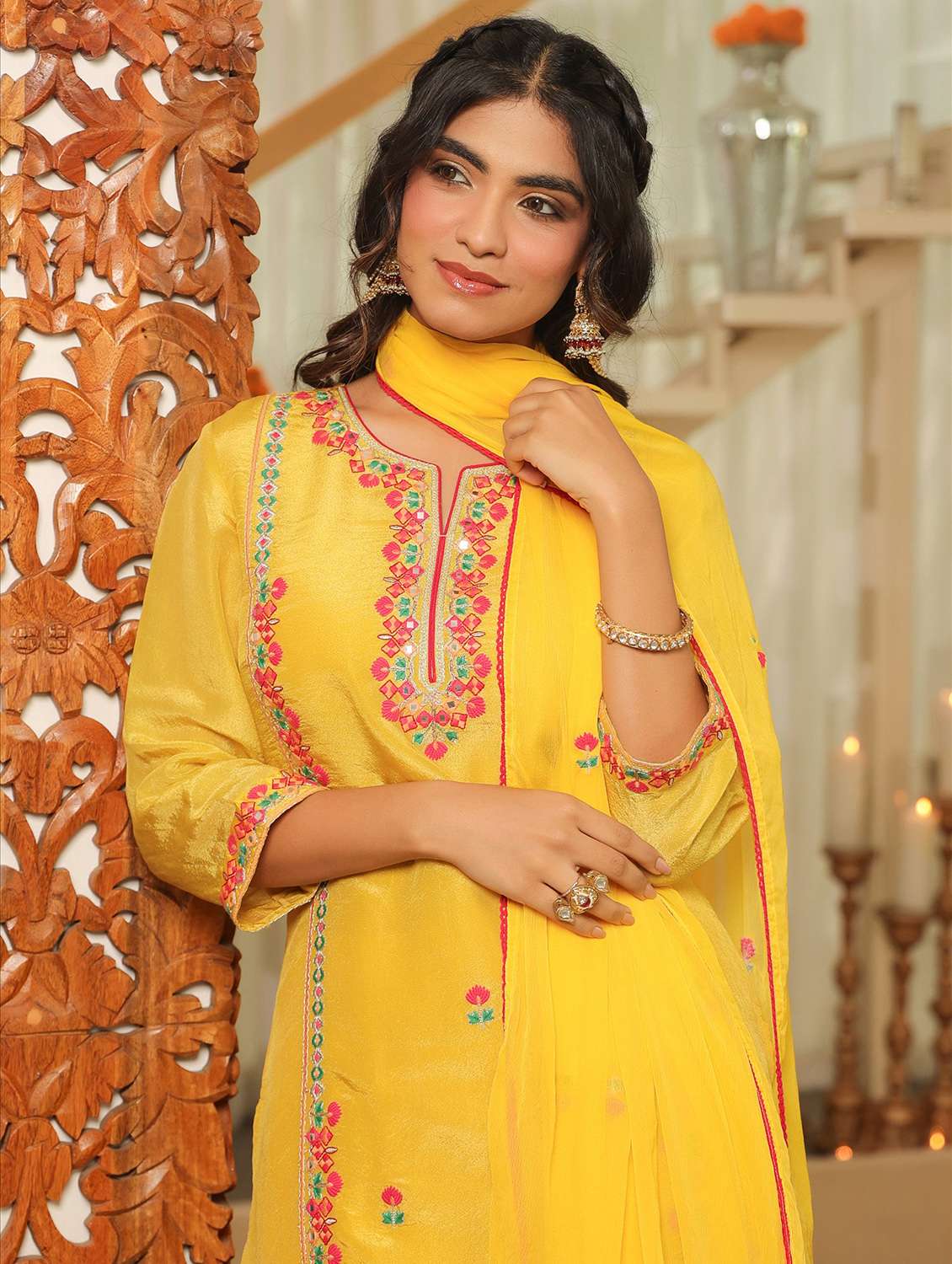 women solid with work three quarter sleeve kurta pant with dupatta set - 22072077 - Standard Image - 5