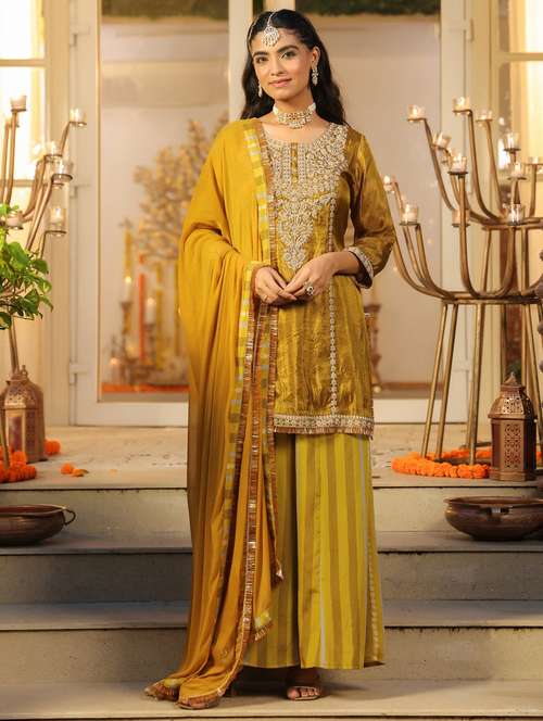 women solid with work three quarter sleeve kurta sharara with dupatta set - 22072078 -  Standard Image - 0