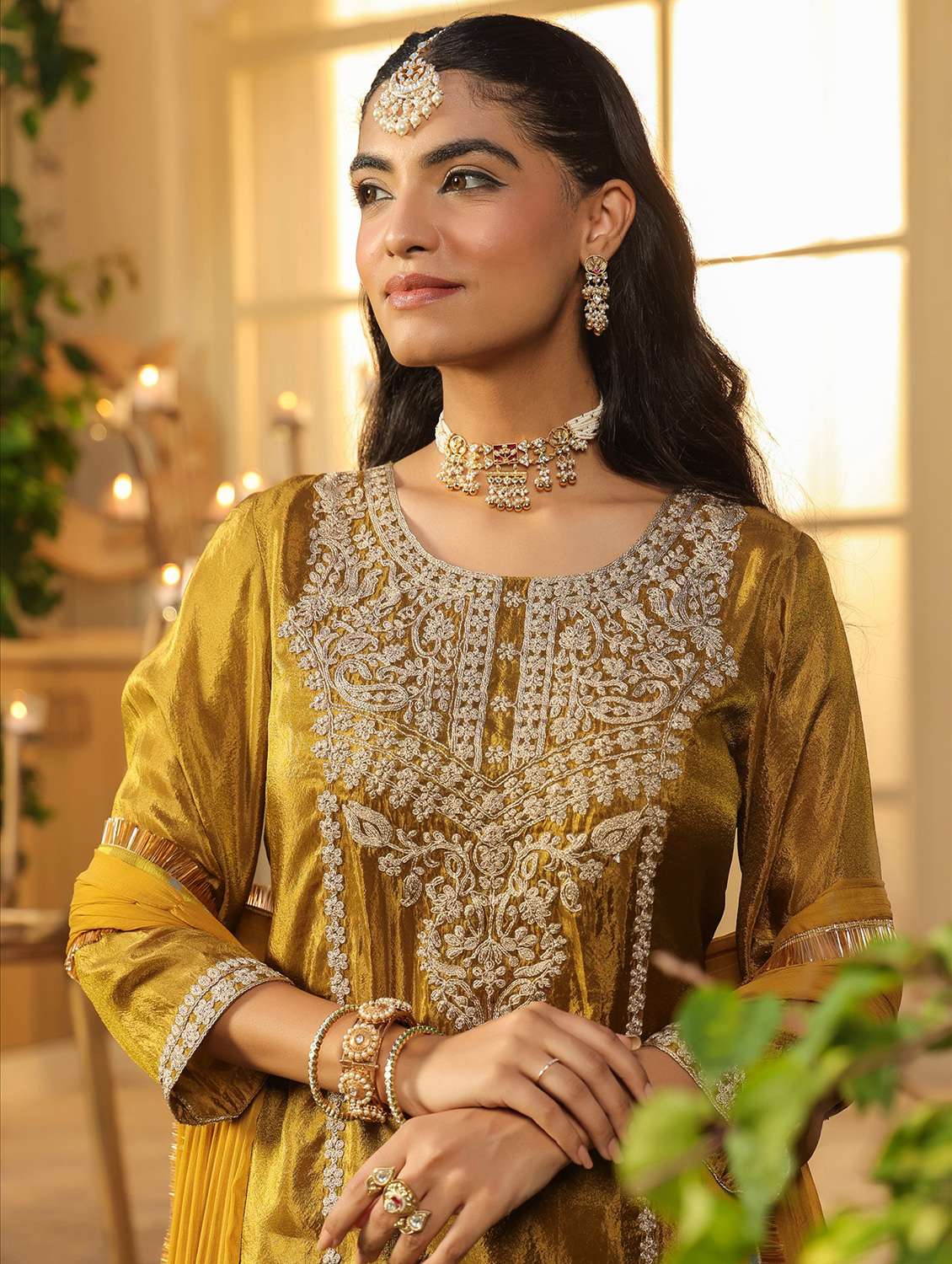 women solid with work three quarter sleeve kurta sharara with dupatta set - 22072078 -  Standard Image - 5