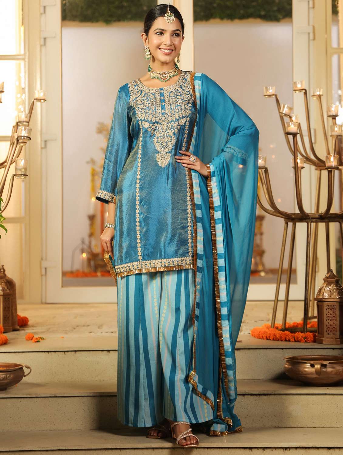 women solid with work three quarter sleeve kurta sharara with dupatta set