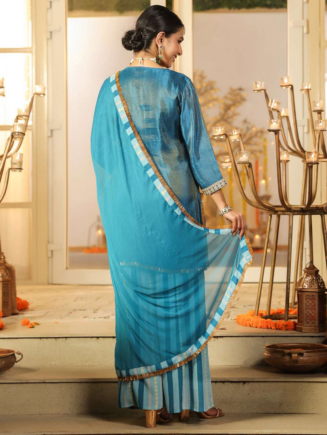 women solid with work three quarter sleeve kurta sharara with dupatta set - 22072079 -  Standard Image - 3