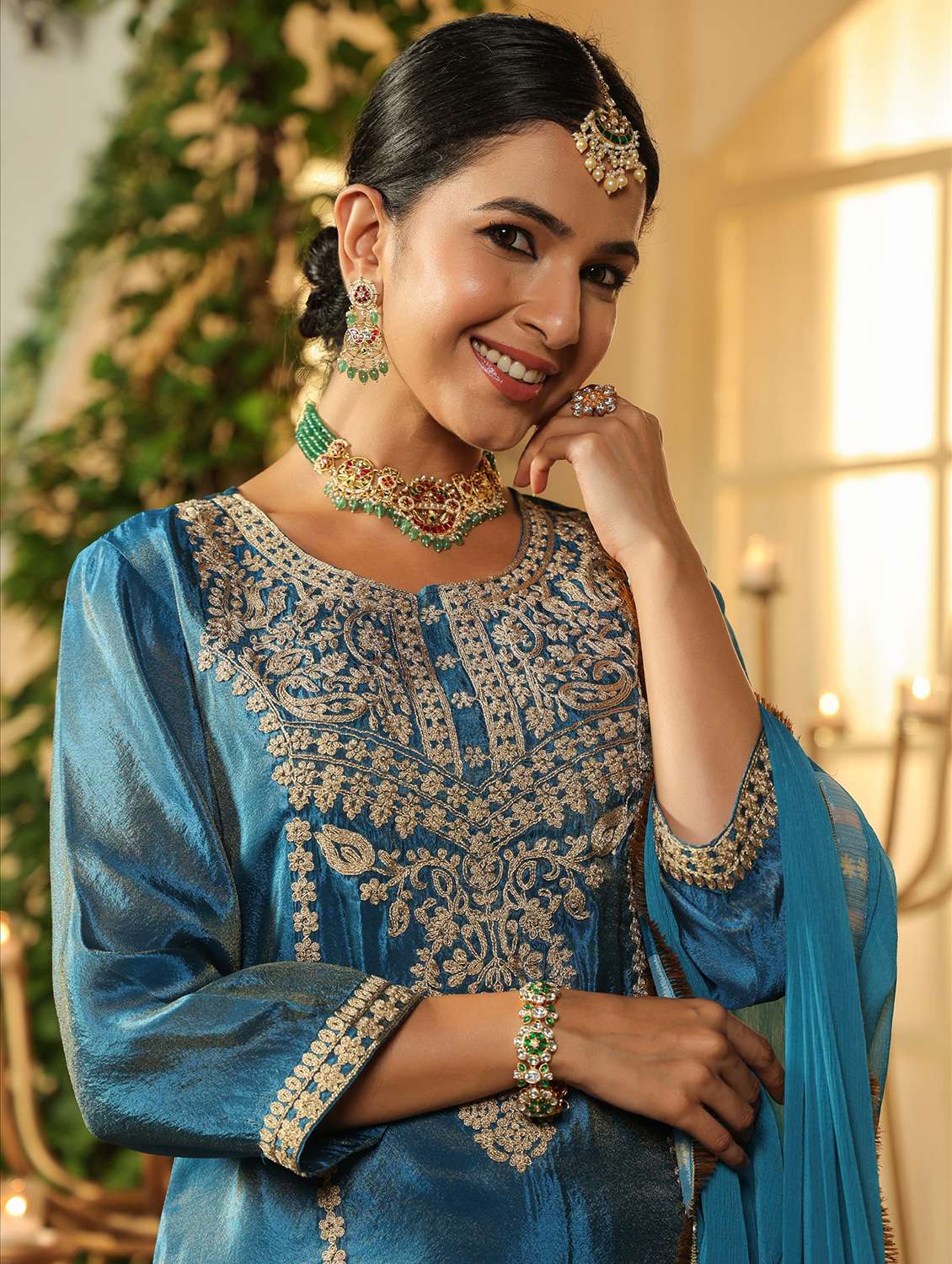 women solid with work three quarter sleeve kurta sharara with dupatta set - 22072079 -  Standard Image - 5