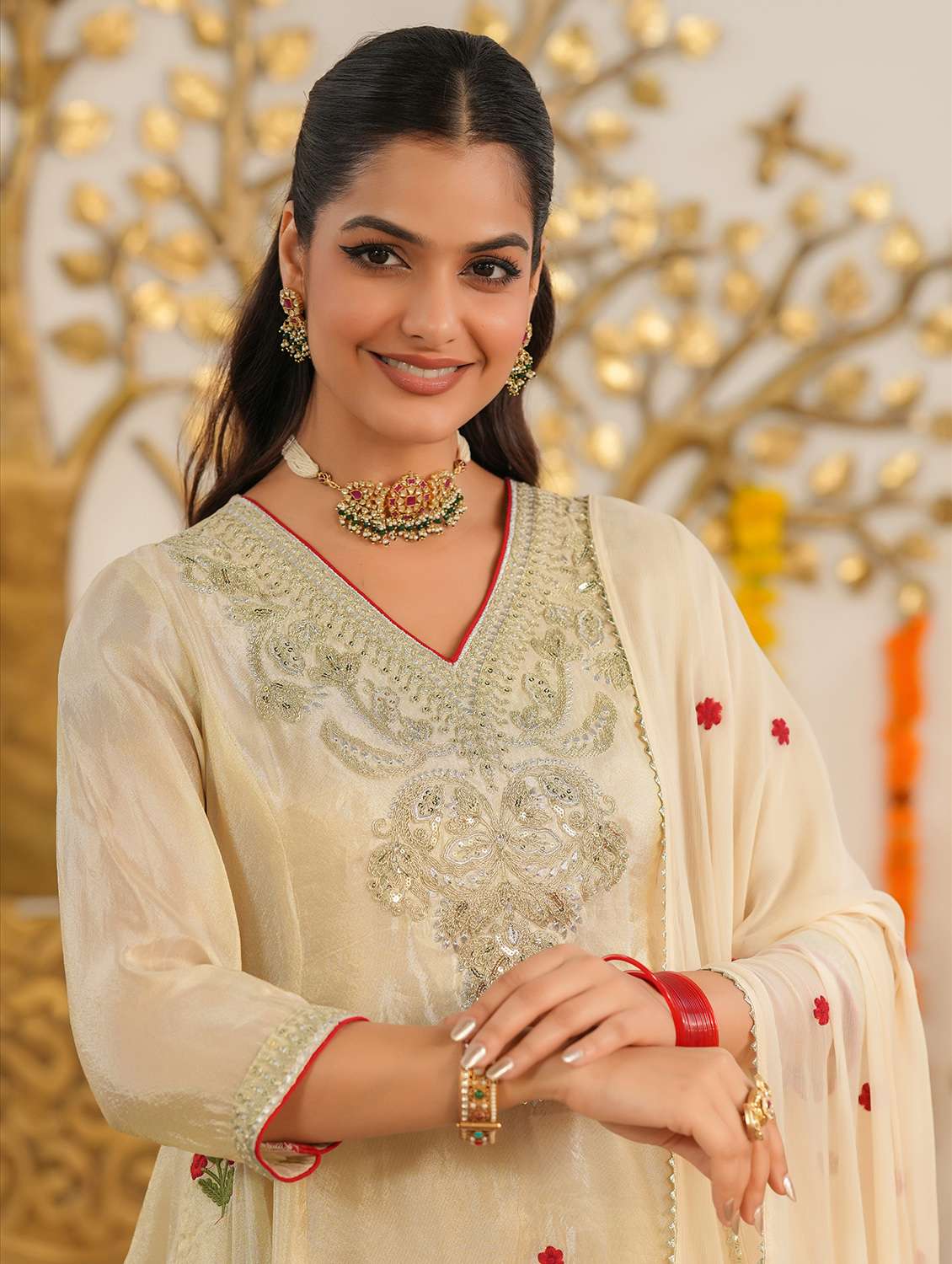 women solid with work three quarter sleeve kurta salwar with dupatta set - 22072080 -  Standard Image - 5