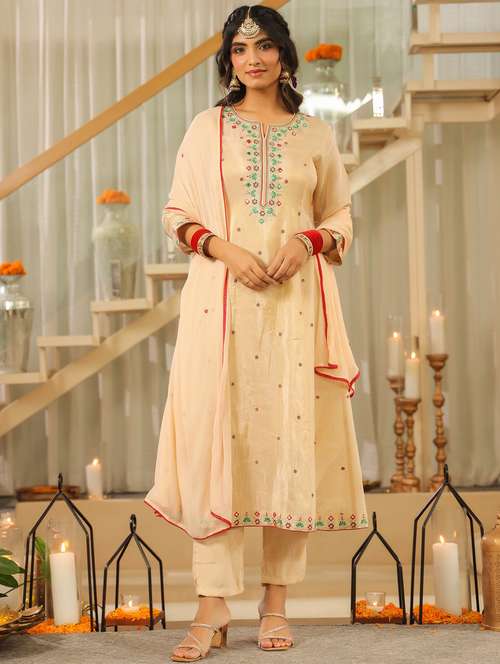 women solid with work three quarter sleeve kurta pant with dupatta set - 22072081 -  Standard Image - 0