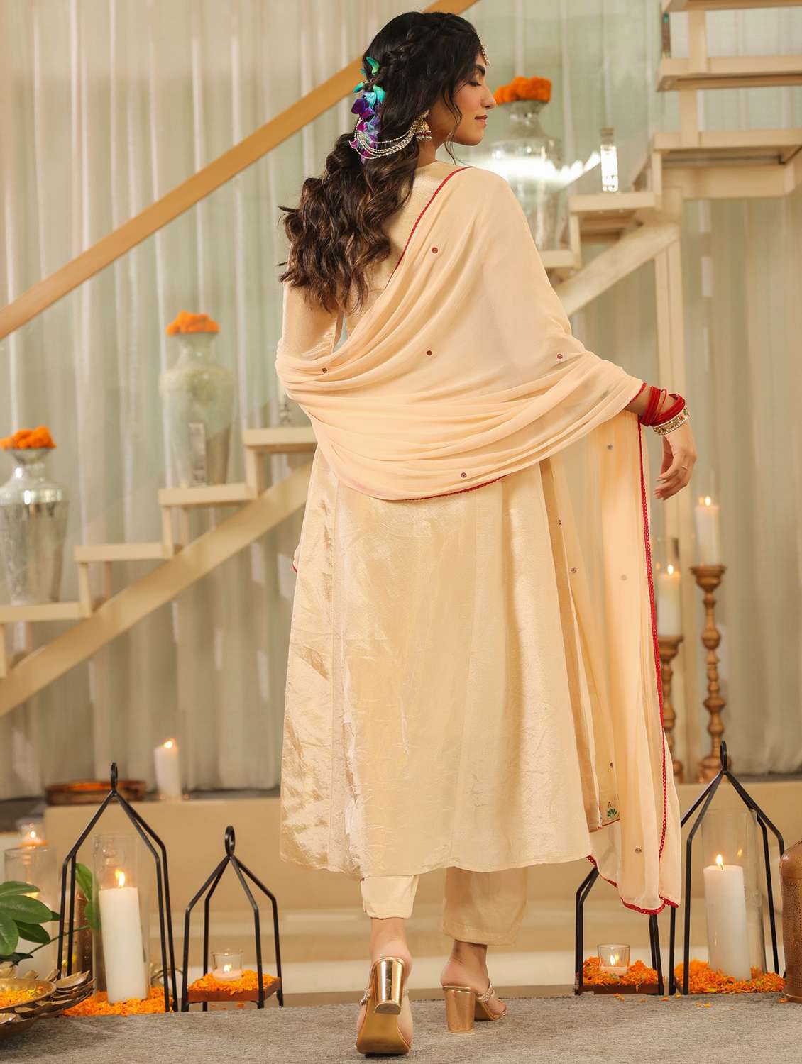 women solid with work three quarter sleeve kurta pant with dupatta set - 22072081 -  Standard Image - 3