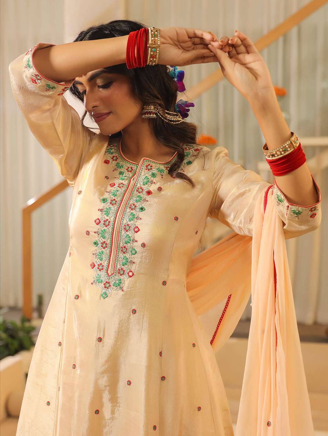 women solid with work three quarter sleeve kurta pant with dupatta set - 22072081 -  Standard Image - 5