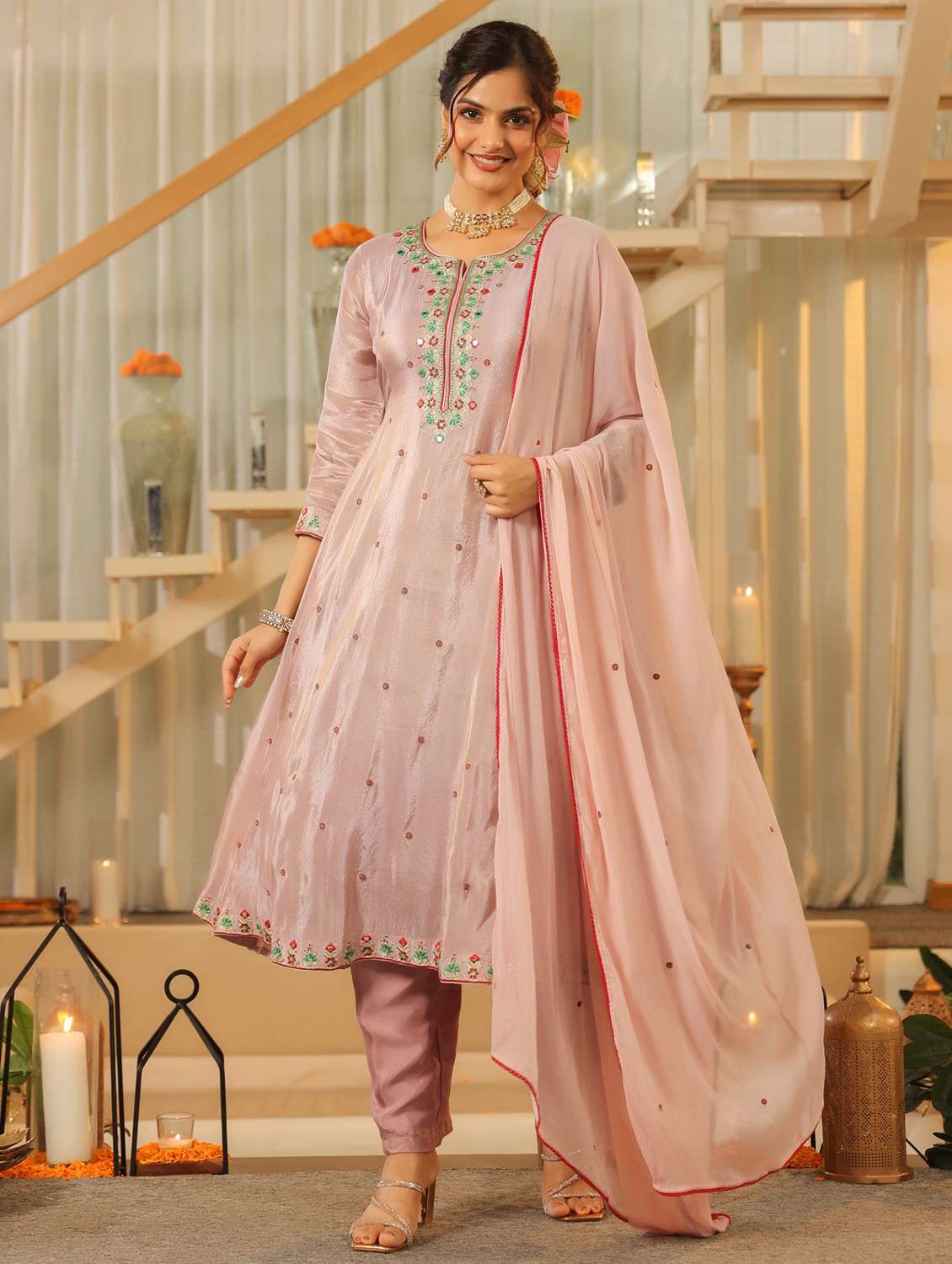 women solid with work three quarter sleeve kurta pant with dupatta set