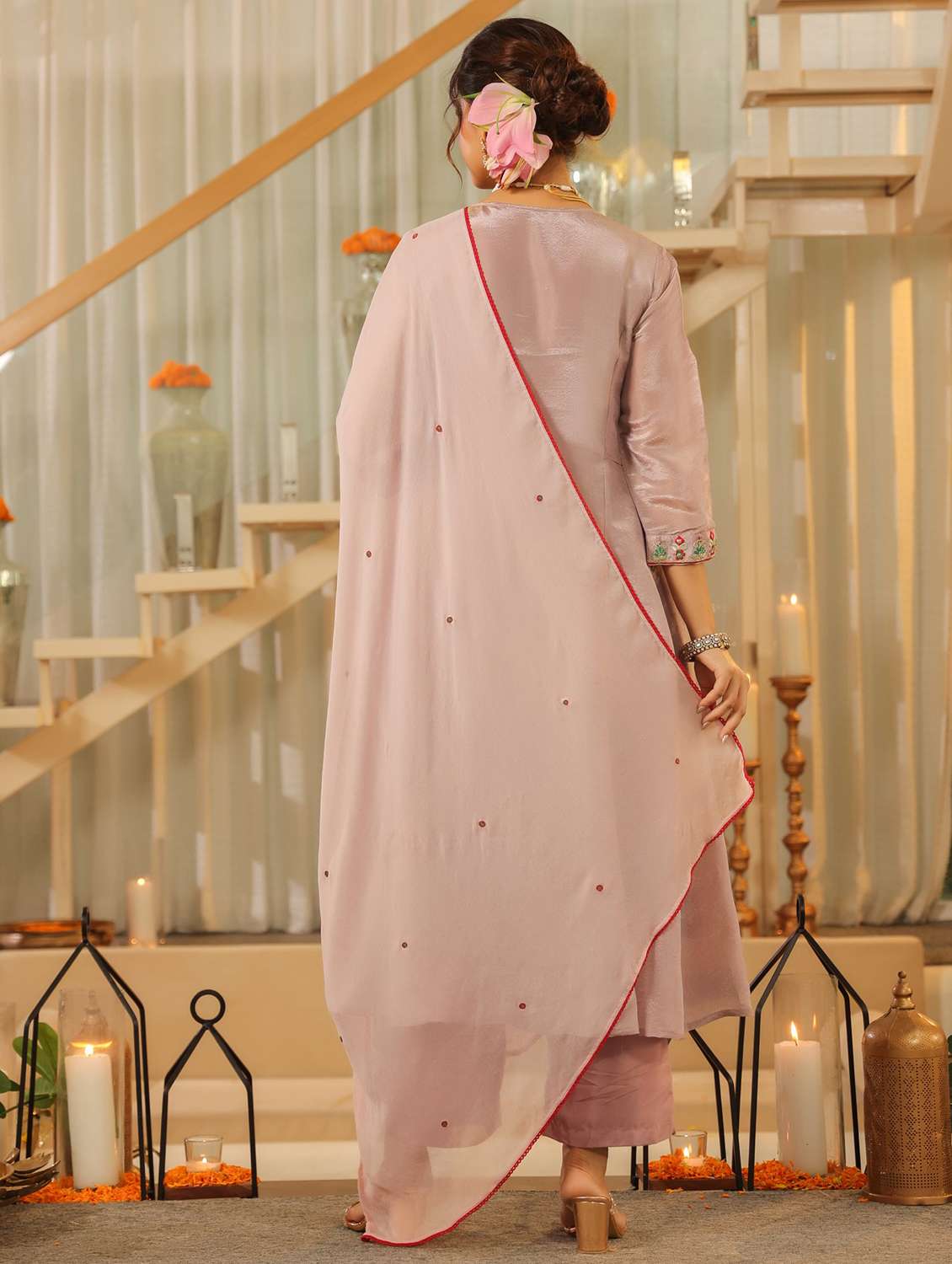 women solid with work three quarter sleeve kurta pant with dupatta set - 22072082 -  Standard Image - 3