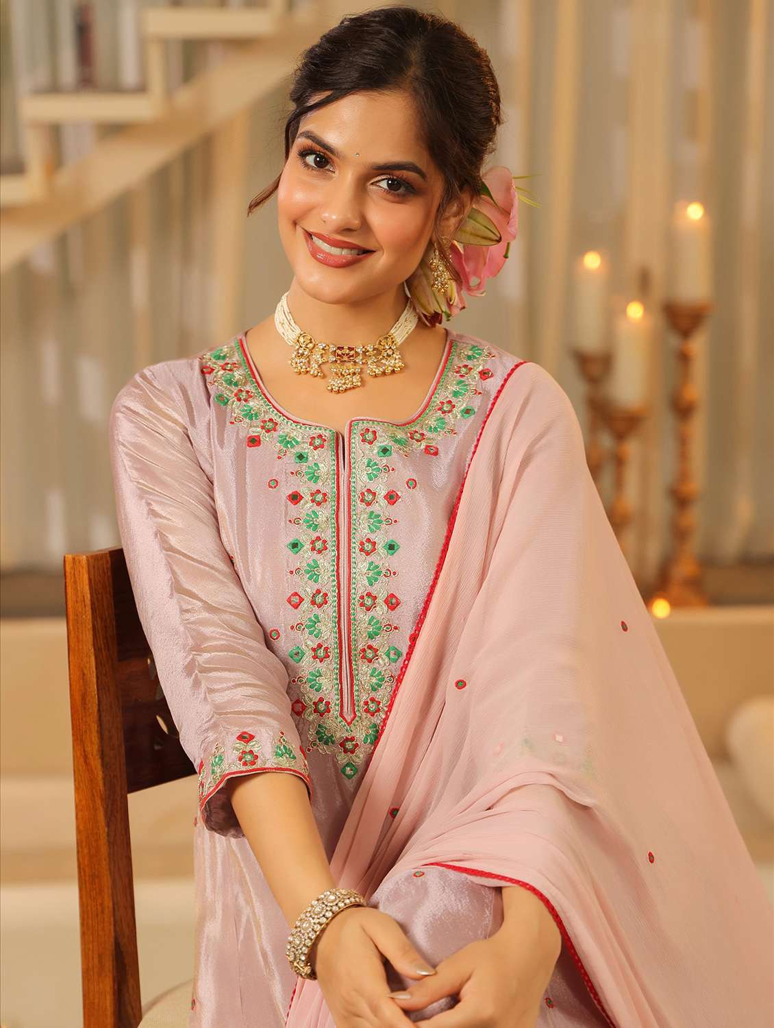 women solid with work three quarter sleeve kurta pant with dupatta set - 22072082 -  Standard Image - 5