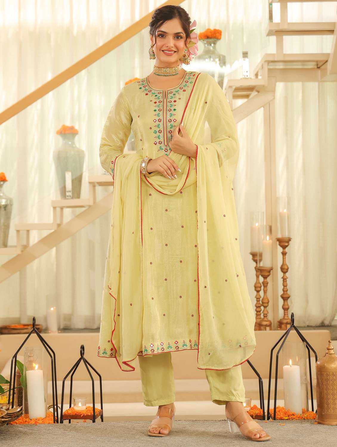 women solid with work three quarter sleeve kurta pant with dupatta set