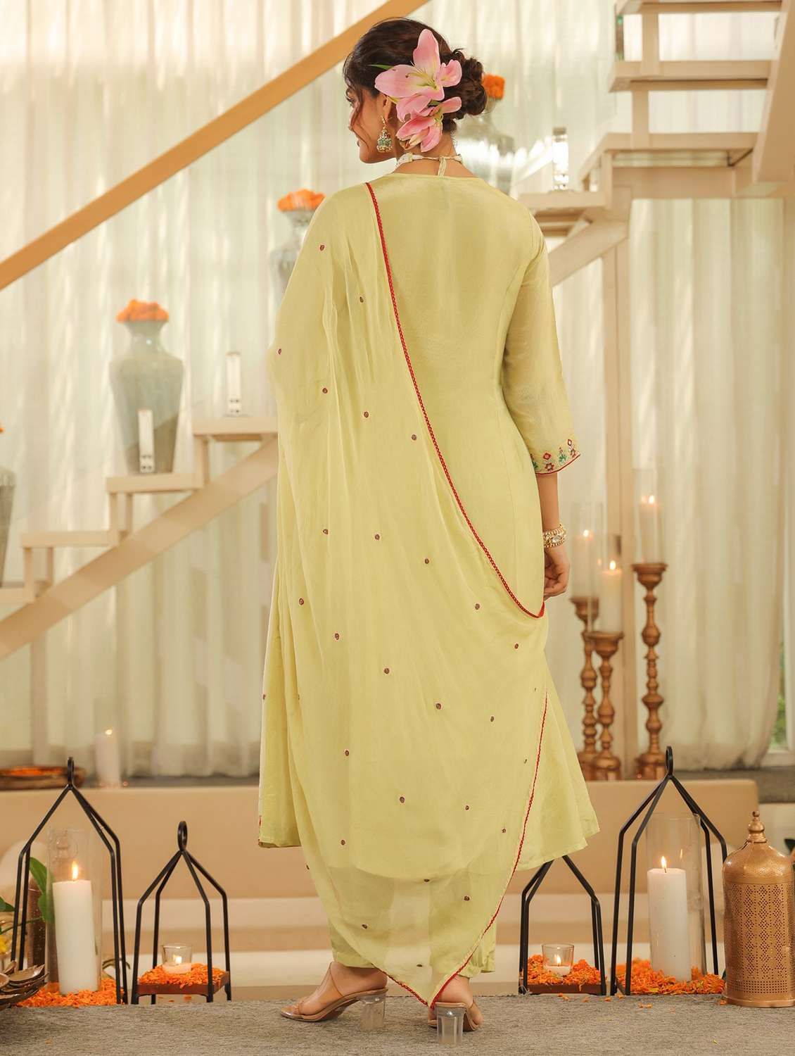 women solid with work three quarter sleeve kurta pant with dupatta set - 22072083 -  Standard Image - 3