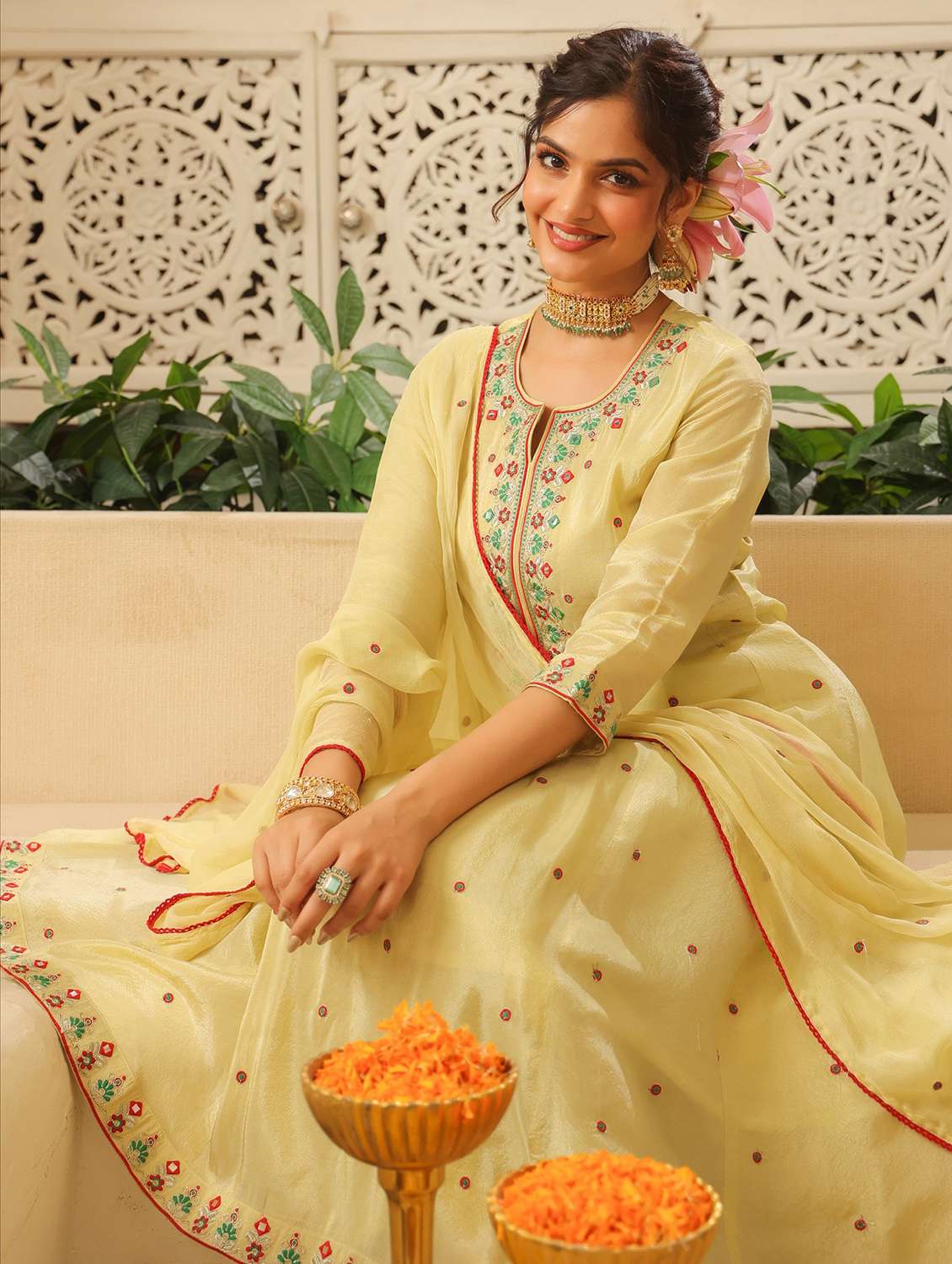 women solid with work three quarter sleeve kurta pant with dupatta set - 22072083 -  Standard Image - 5