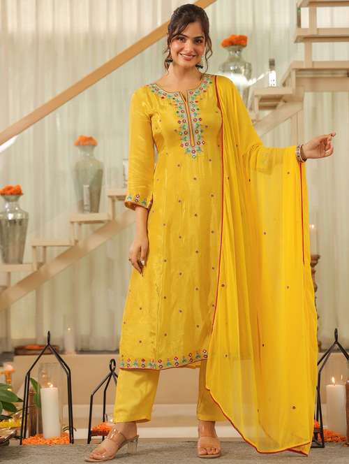 women solid with work three quarter sleeve kurta pant with dupatta set - 22072084 - Standard Image - 0