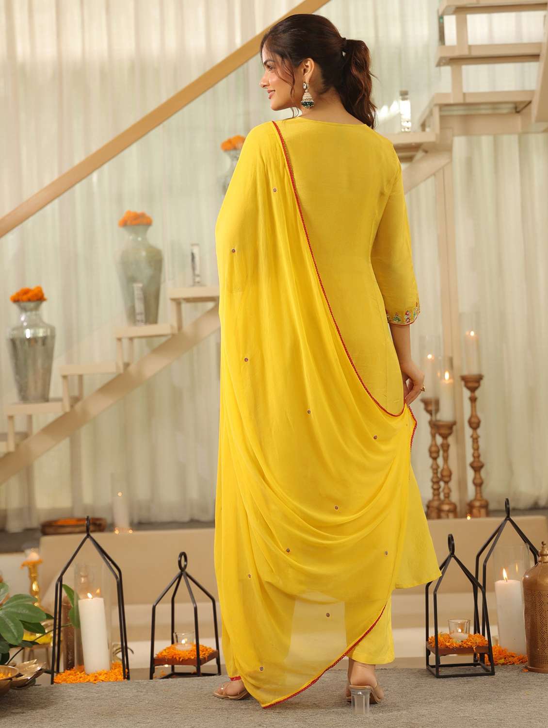 women solid with work three quarter sleeve kurta pant with dupatta set - 22072084 - Standard Image - 3