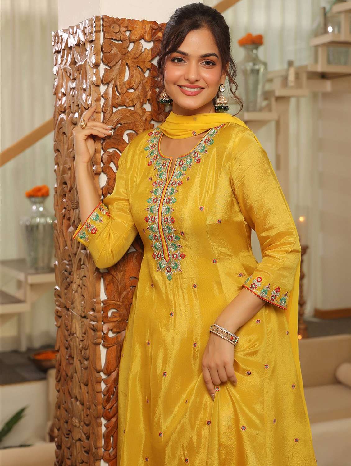 women solid with work three quarter sleeve kurta pant with dupatta set - 22072084 - Standard Image - 5