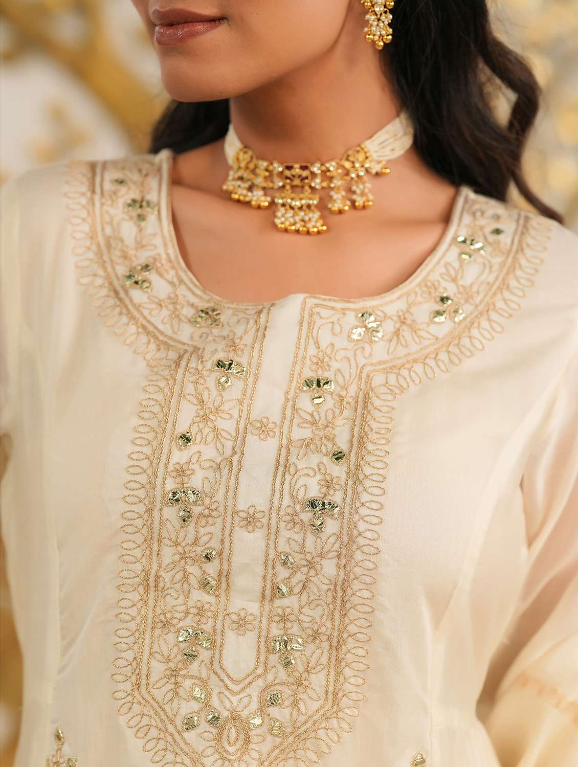 women solid with work three quarter sleeve kurta pant with dupatta set - 22072086 - Standard Image - 5