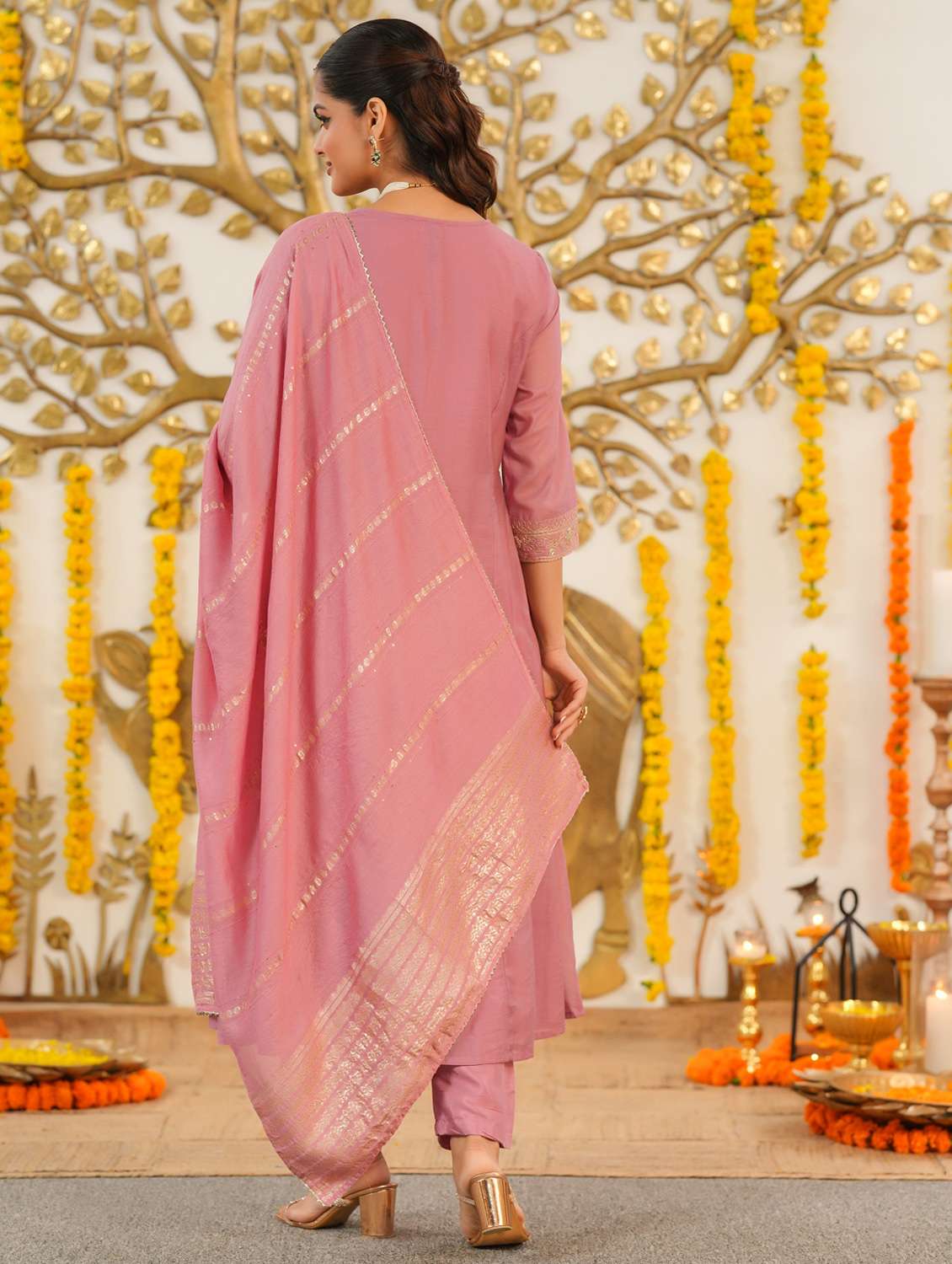 women solid with work three quarter sleeve kurta pant with dupatta set - 22072087 -  Standard Image - 3