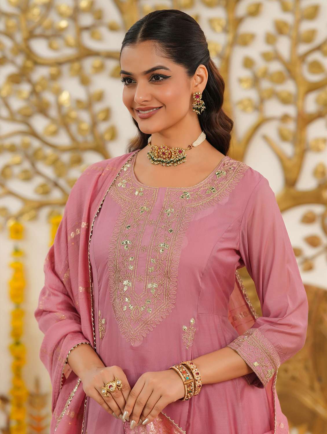 women solid with work three quarter sleeve kurta pant with dupatta set - 22072087 -  Standard Image - 5