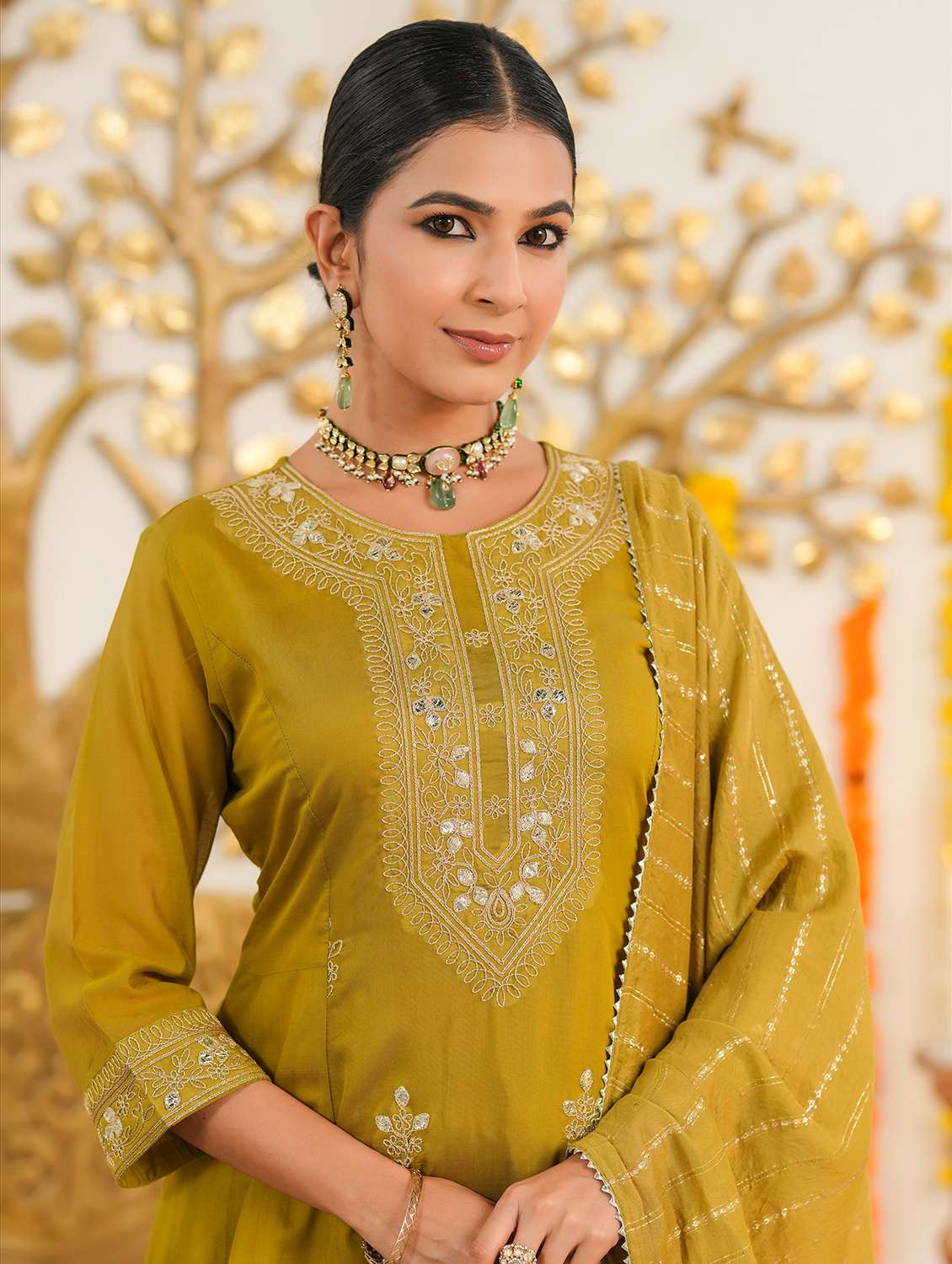 women solid with work three quarter sleeve kurta pant with dupatta set - 22072088 -  Standard Image - 5