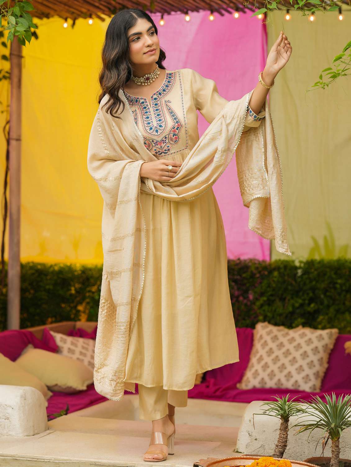 women solid with work three quarter sleeve kurta pant with dupatta set - 22072089 - Standard Image - 3