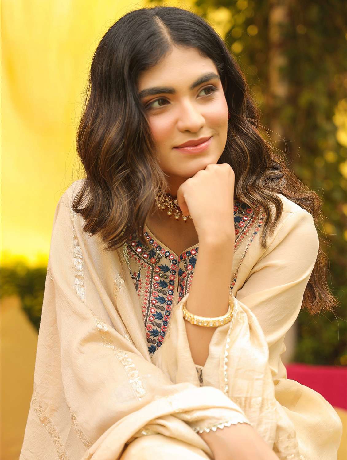 women solid with work three quarter sleeve kurta pant with dupatta set - 22072089 - Standard Image - 5