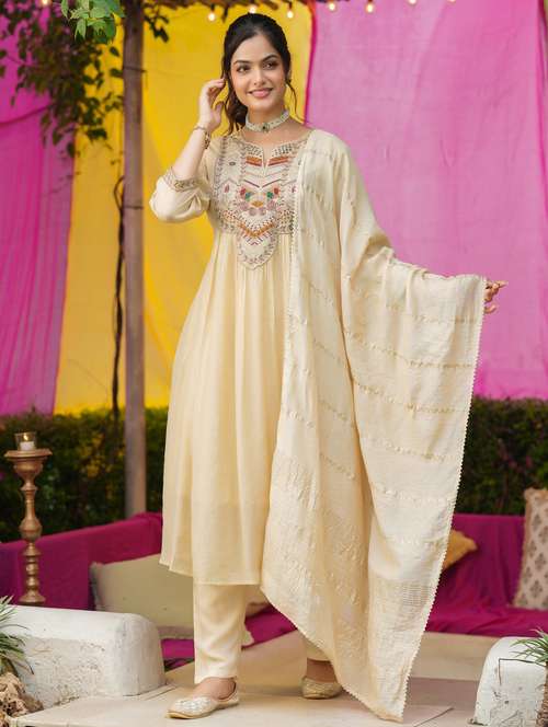 women solid with work three quarter sleeve kurta pant with dupatta set - 22072092 -  Standard Image - 0