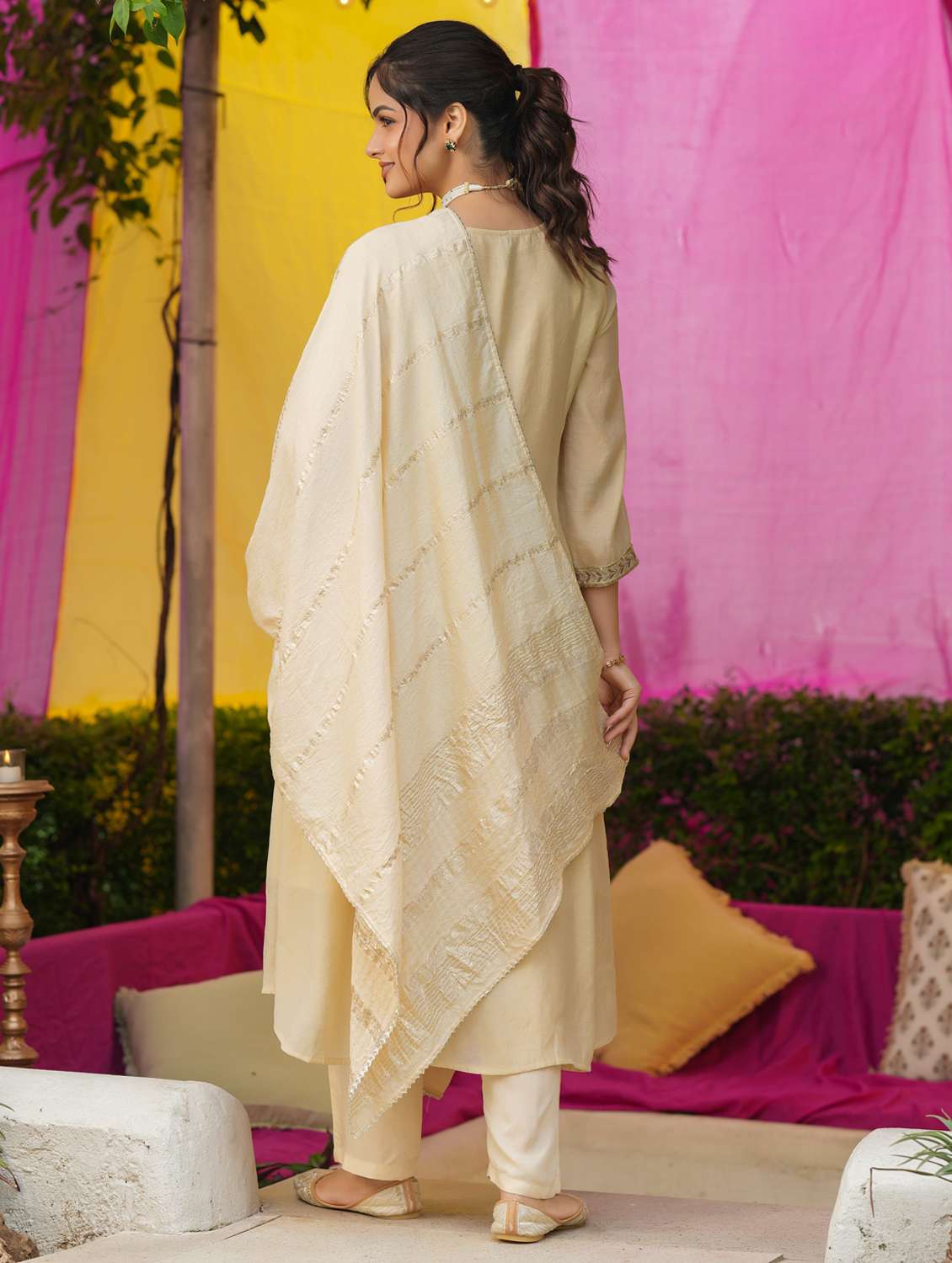 women solid with work three quarter sleeve kurta pant with dupatta set - 22072092 - Standard Image - 3