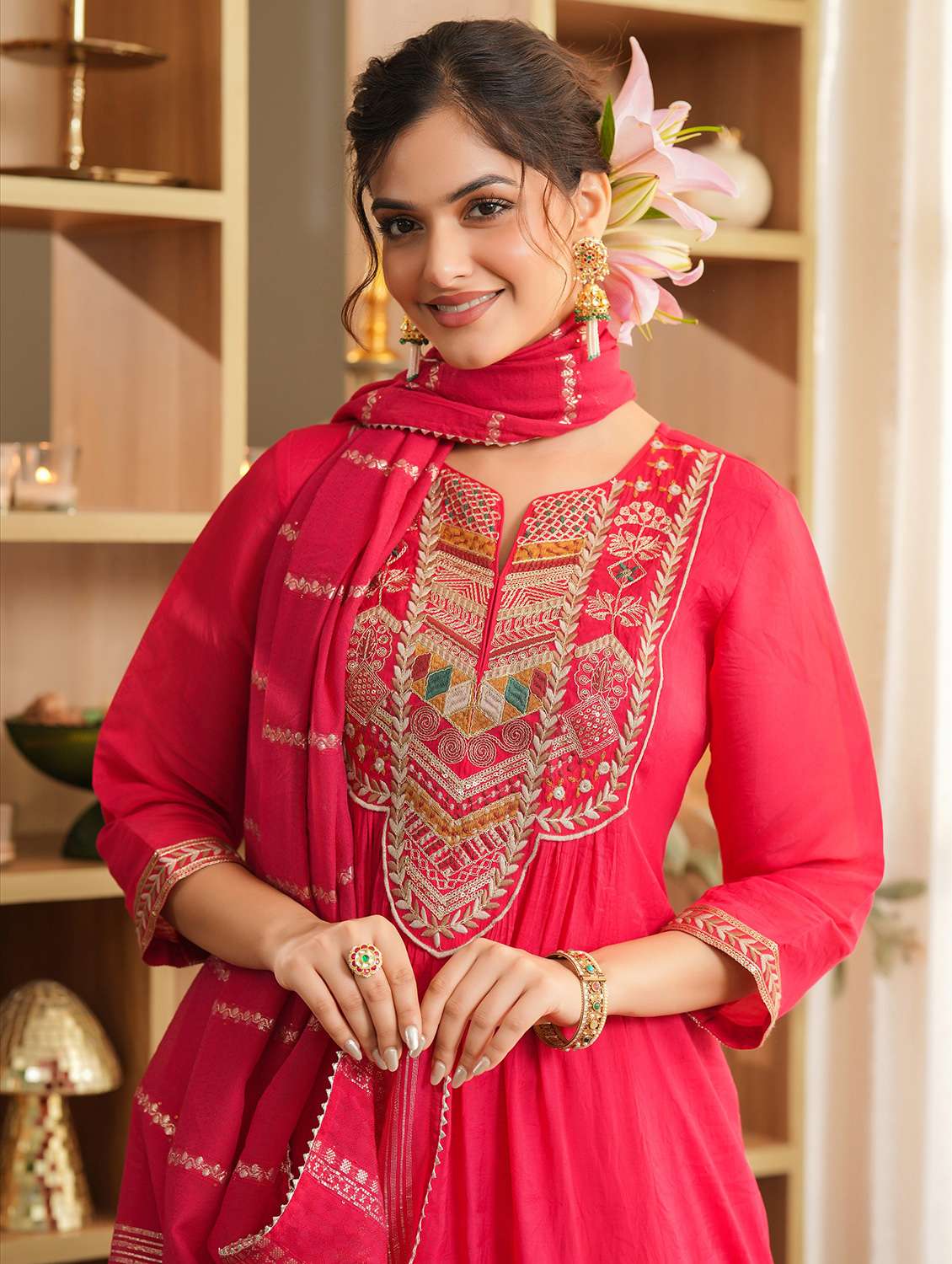 women solid with work three quarter sleeve kurta pant with dupatta set - 22072093 -  Standard Image - 5