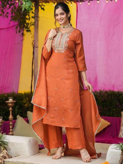 women solid with work three quarter sleeve kurta pant with dupatta set - 22072095 -  Standard Image - 0