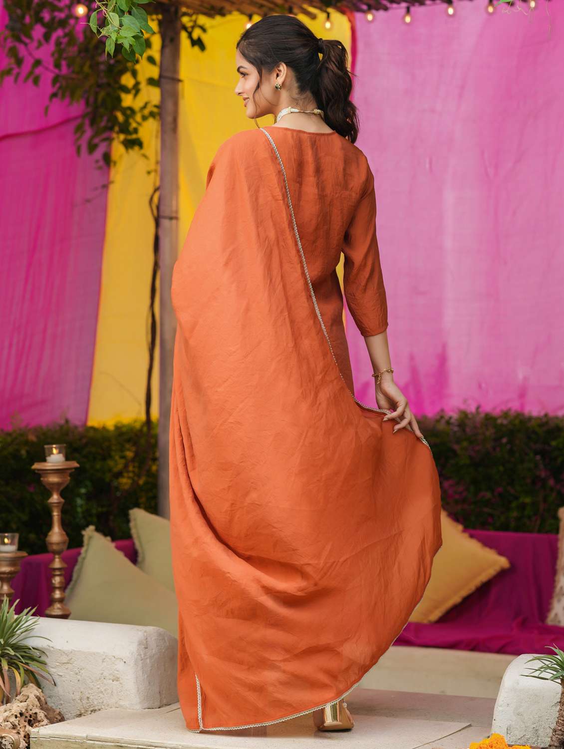 women solid with work three quarter sleeve kurta pant with dupatta set - 22072095 -  Standard Image - 3