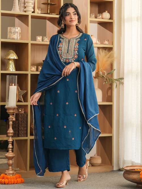 women solid with work three quarter sleeve kurta pant with dupatta set - 22072096 -  Standard Image - 0