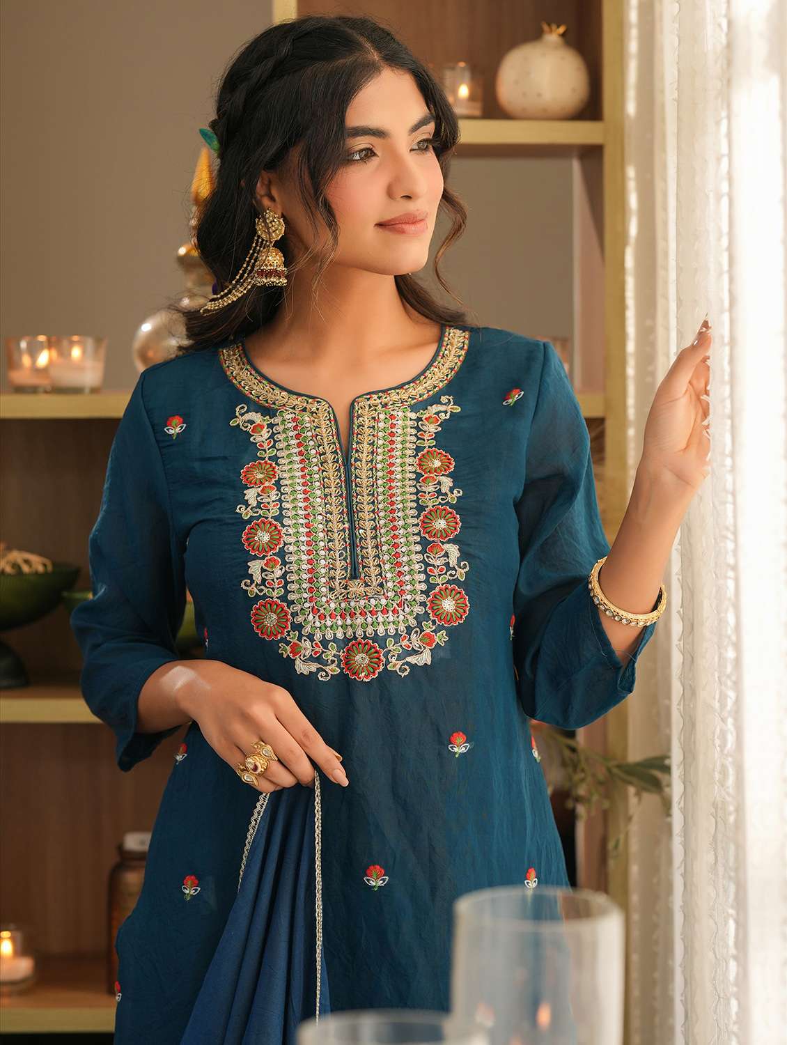 women solid with work three quarter sleeve kurta pant with dupatta set - 22072096 - Standard Image - 5