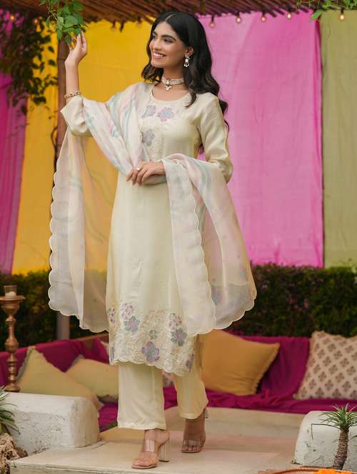 women solid with work three quarter sleeve kurta pant with dupatta set - 22072097 -  Standard Image - 0