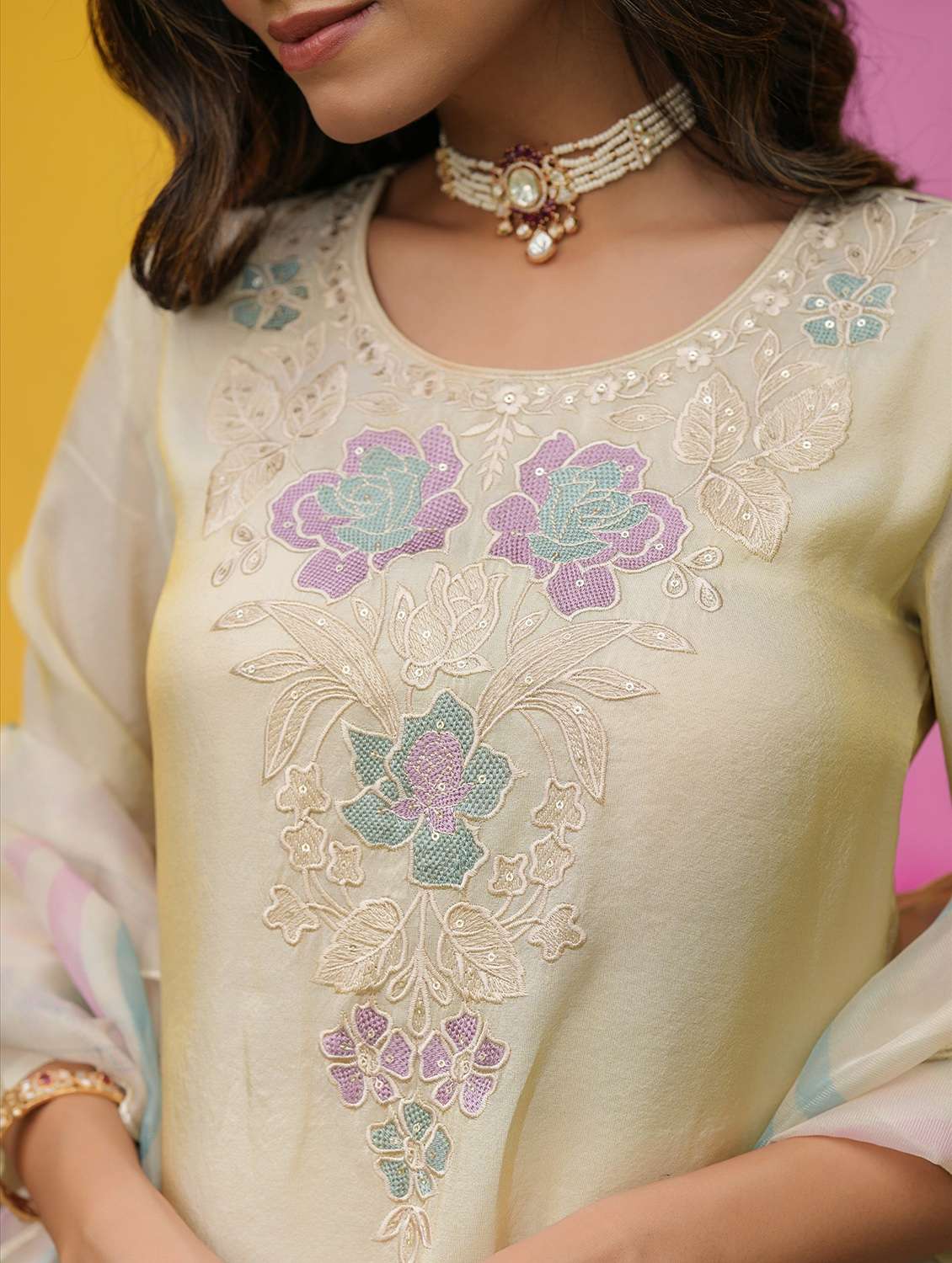women solid with work three quarter sleeve kurta pant with dupatta set - 22072097 - Standard Image - 5