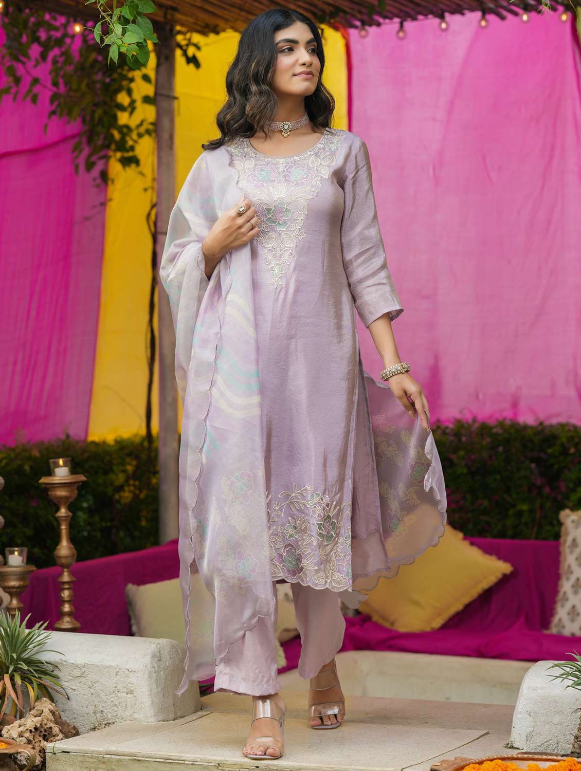 women solid with work three quarter sleeve kurta pant with dupatta set - 22072098 -  Zoom Image - 0