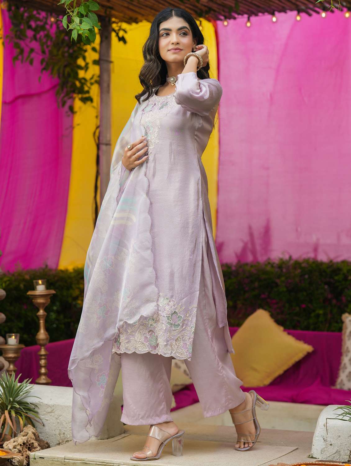 women solid with work three quarter sleeve kurta pant with dupatta set - 22072098 -  Standard Image - 3