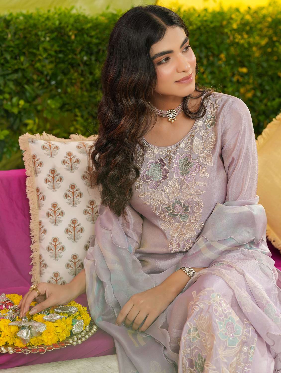 women solid with work three quarter sleeve kurta pant with dupatta set - 22072098 -  Standard Image - 5