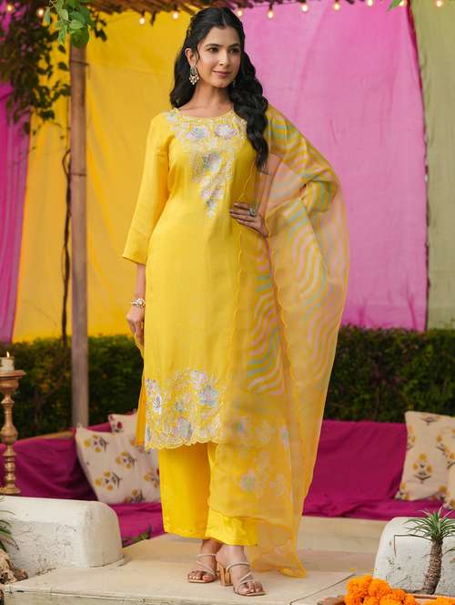 women solid with work three quarter sleeve kurta pant with dupatta set - 22072099 -  Standard Image - 0