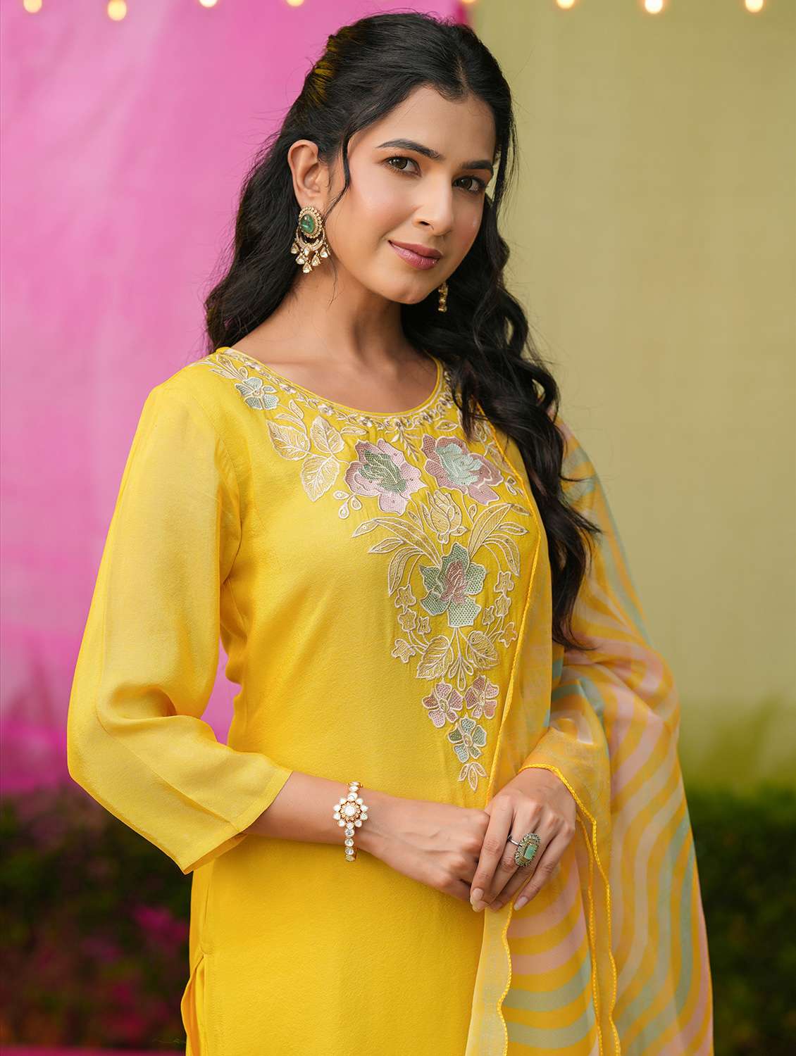 women solid with work three quarter sleeve kurta pant with dupatta set - 22072099 -  Standard Image - 5