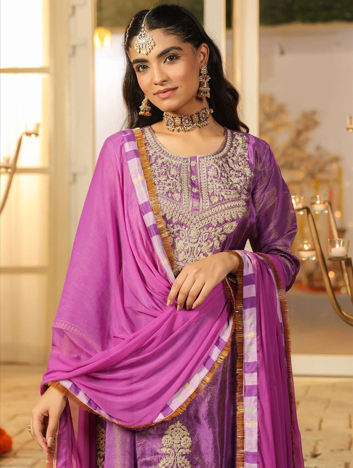 women solid with work three quarter sleeve kurta salwar with dupatta set - 22072100 - Standard Image - 5