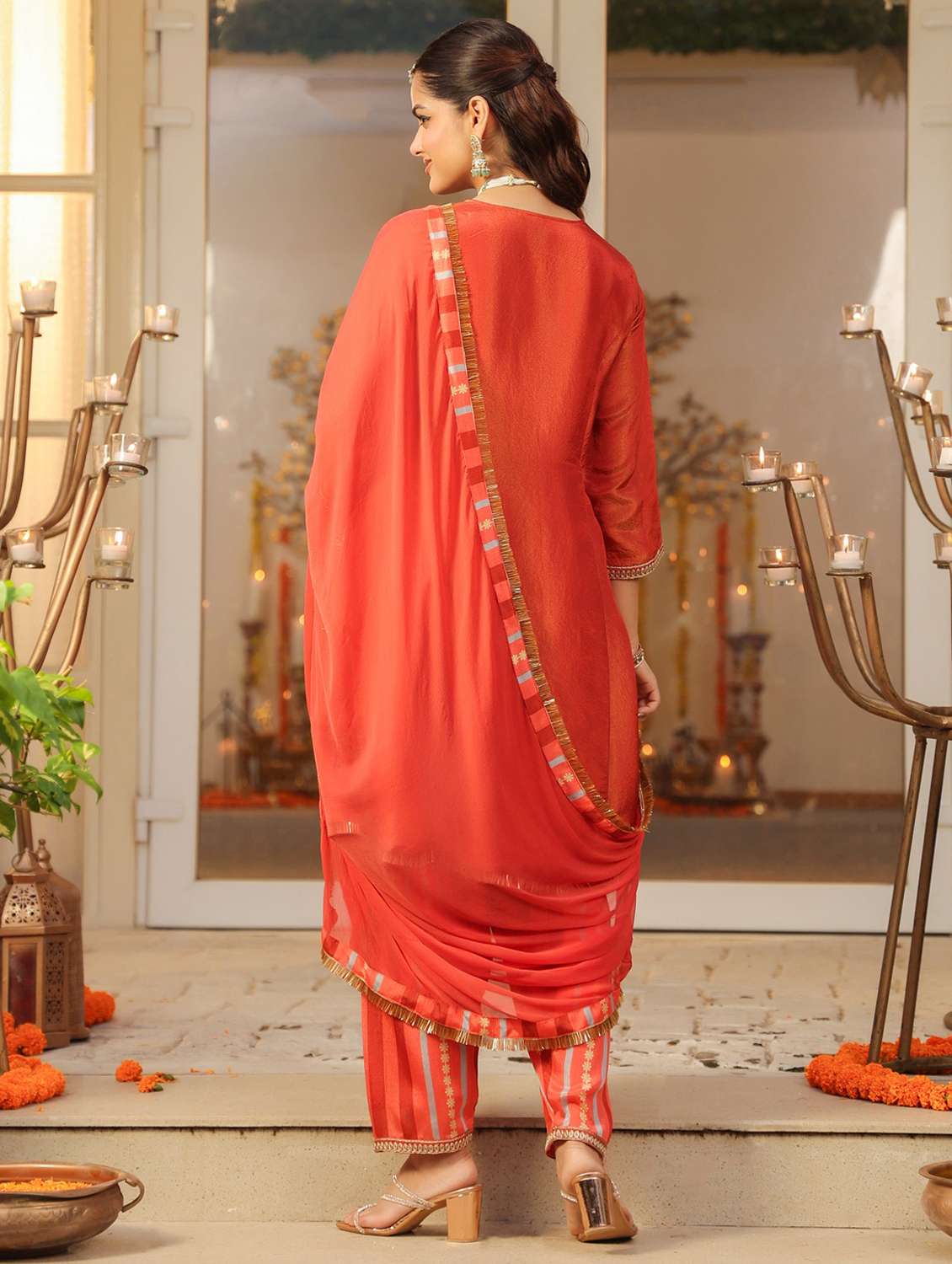 women solid with work three quarter sleeve kurta salwar with dupatta set - 22072101 - Standard Image - 3