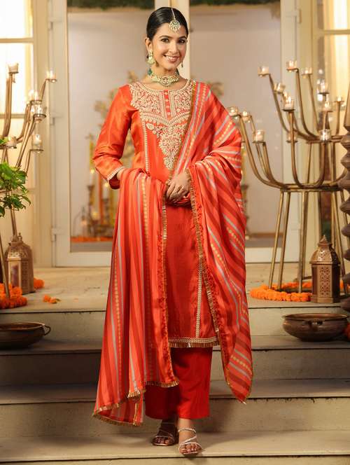 women solid with work three quarter sleeve kurta pant with dupatta set - 22072102 -  Standard Image - 0