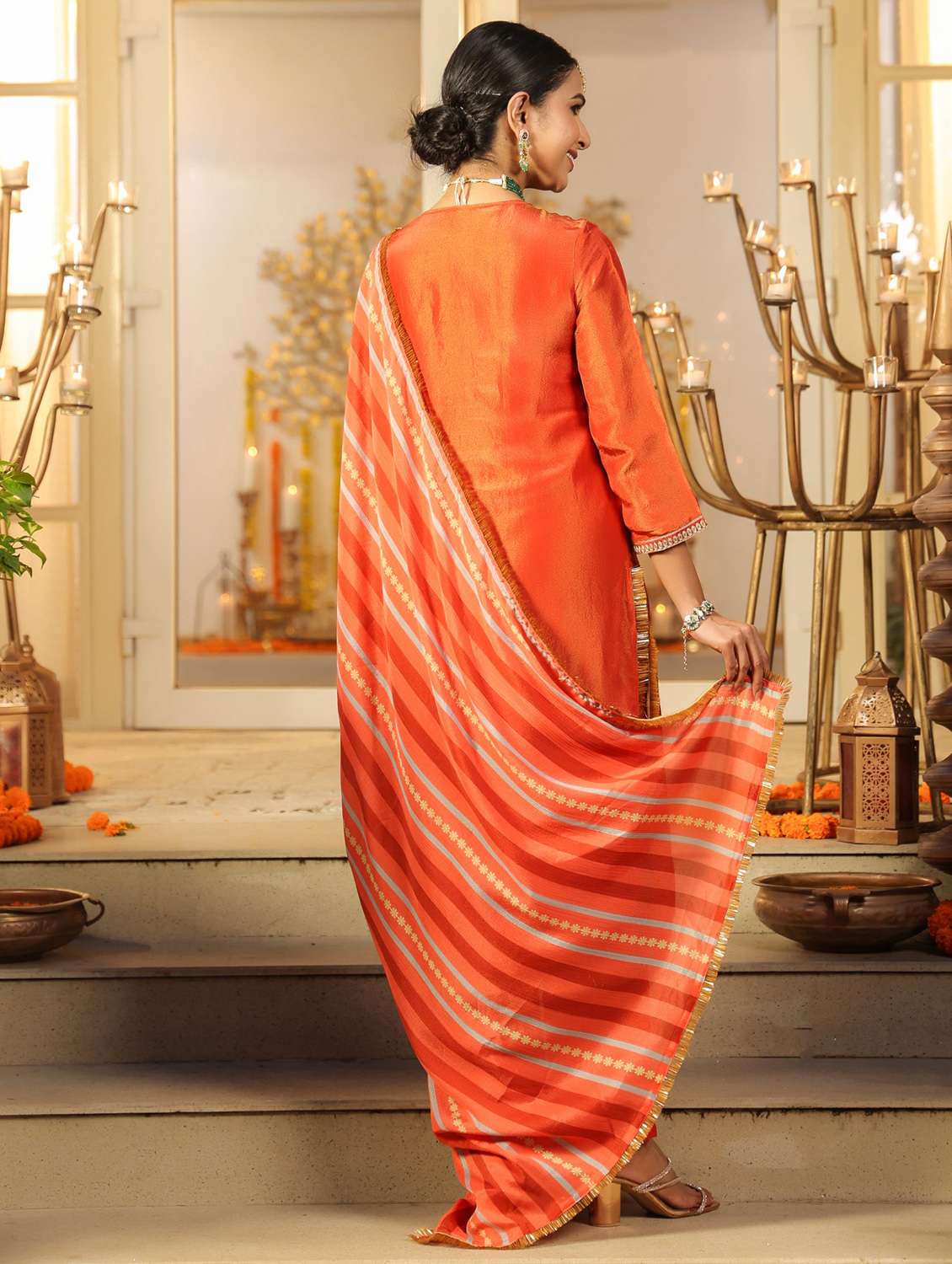 women solid with work three quarter sleeve kurta pant with dupatta set - 22072102 -  Standard Image - 3