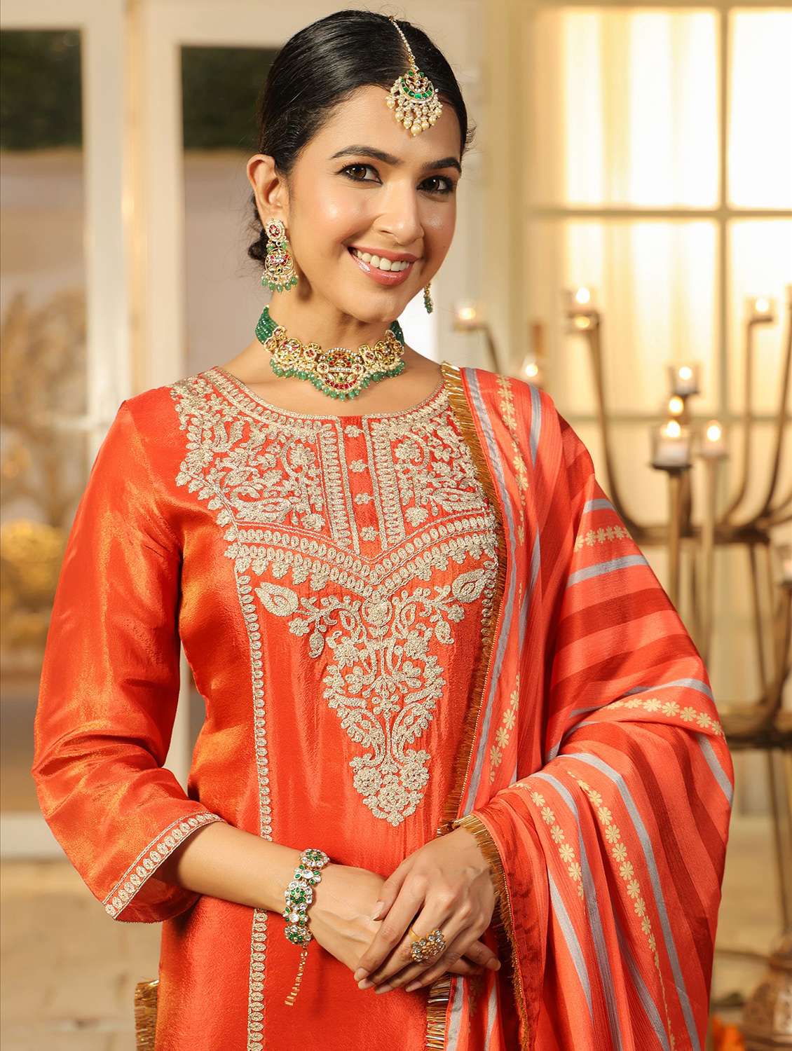 women solid with work three quarter sleeve kurta pant with dupatta set - 22072102 -  Standard Image - 5