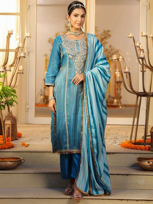 women solid with work three quarter sleeve kurta pant with dupatta set - 22072103 -  Standard Image - 0