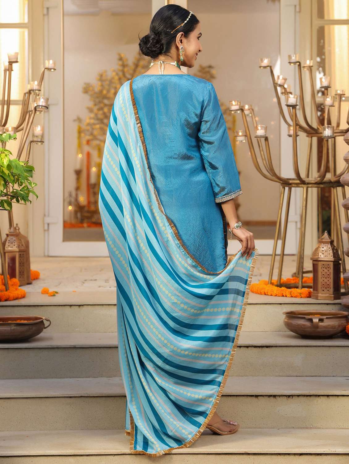 women solid with work three quarter sleeve kurta pant with dupatta set - 22072103 -  Standard Image - 3