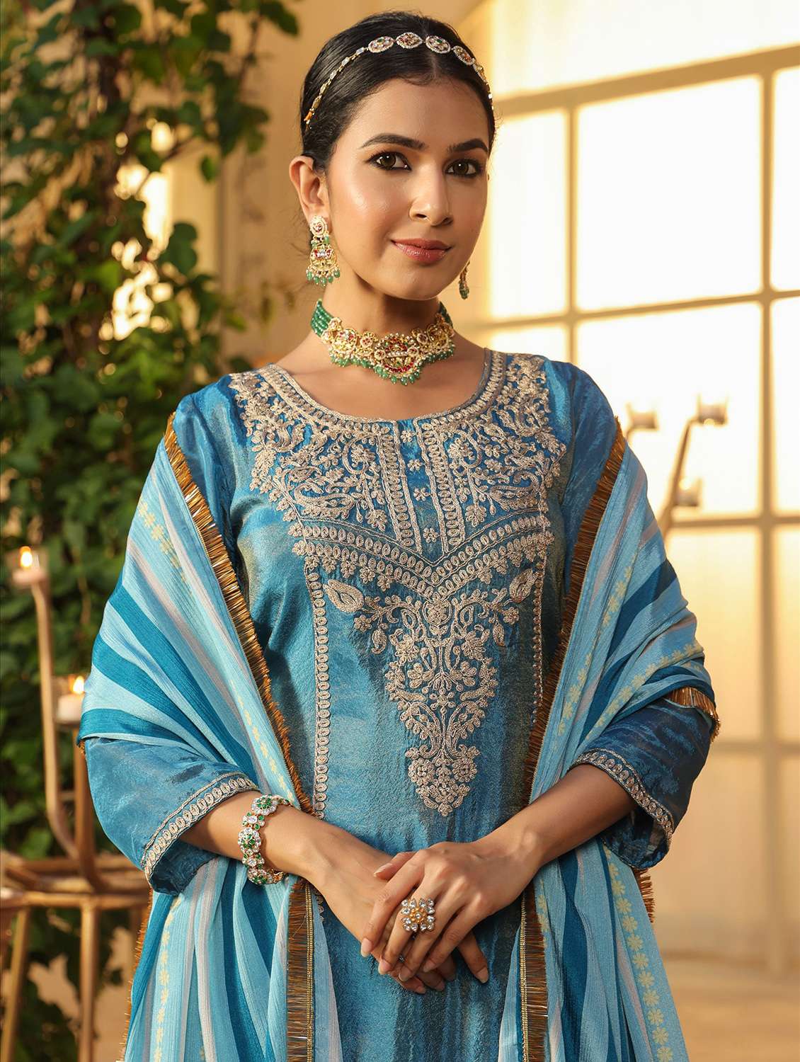 women solid with work three quarter sleeve kurta pant with dupatta set - 22072103 -  Standard Image - 5